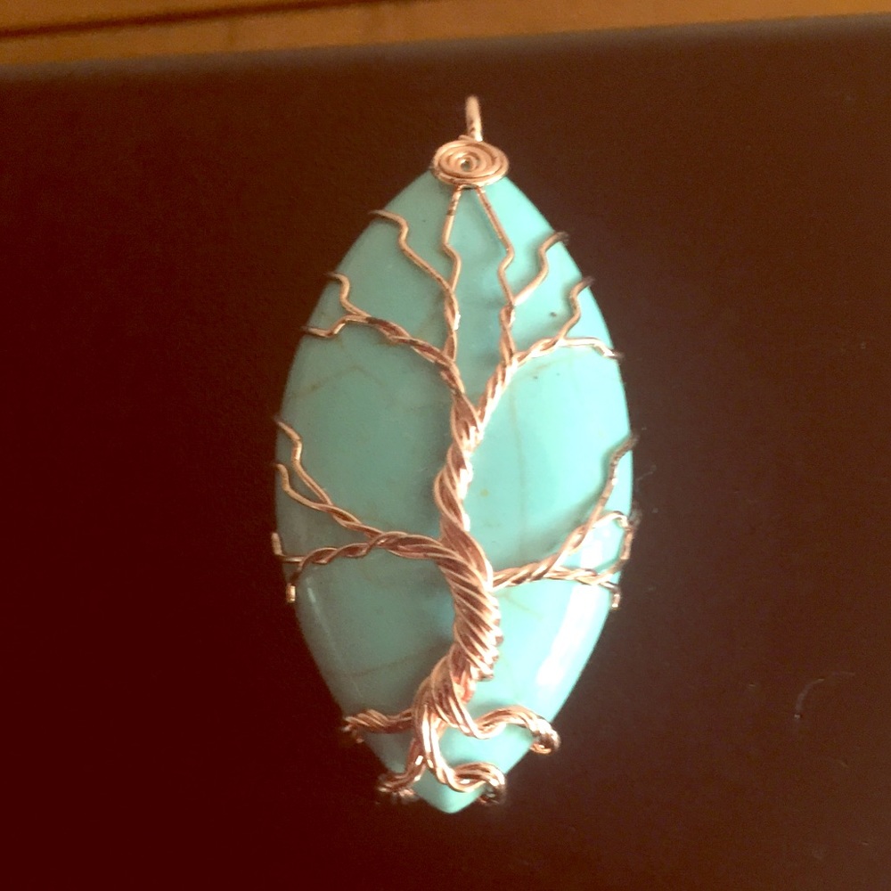 Real gemstone copper wrapped tree design pendant